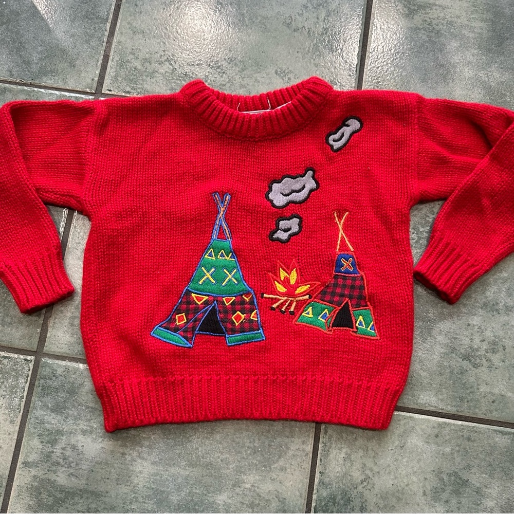 VTG 80s Retro Bright Red Chunky Knit Camping Teepee Tent Sweater